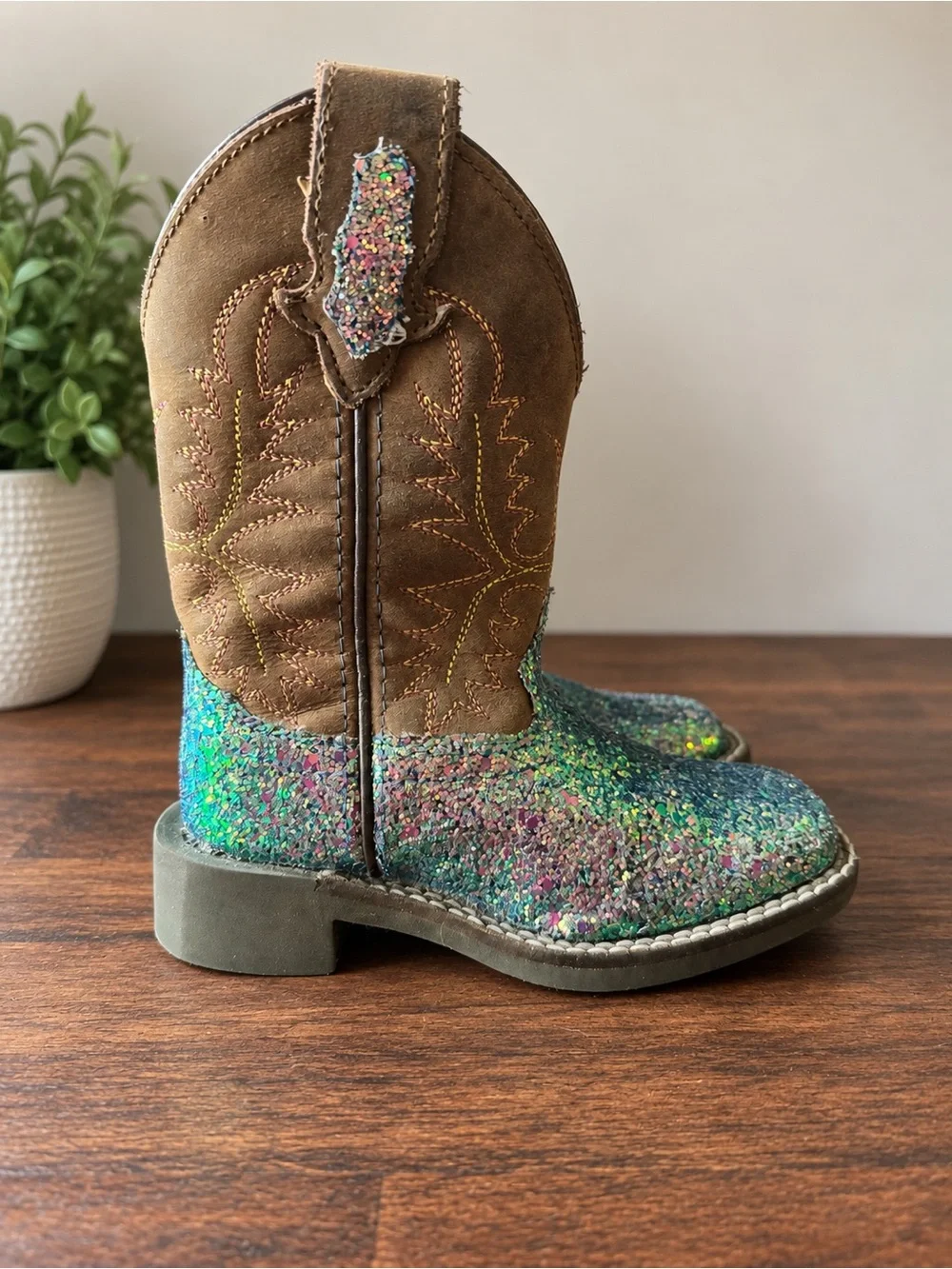 Kids Glitter Western Cowboy Boots - Brown & Multicolor Size 8.5